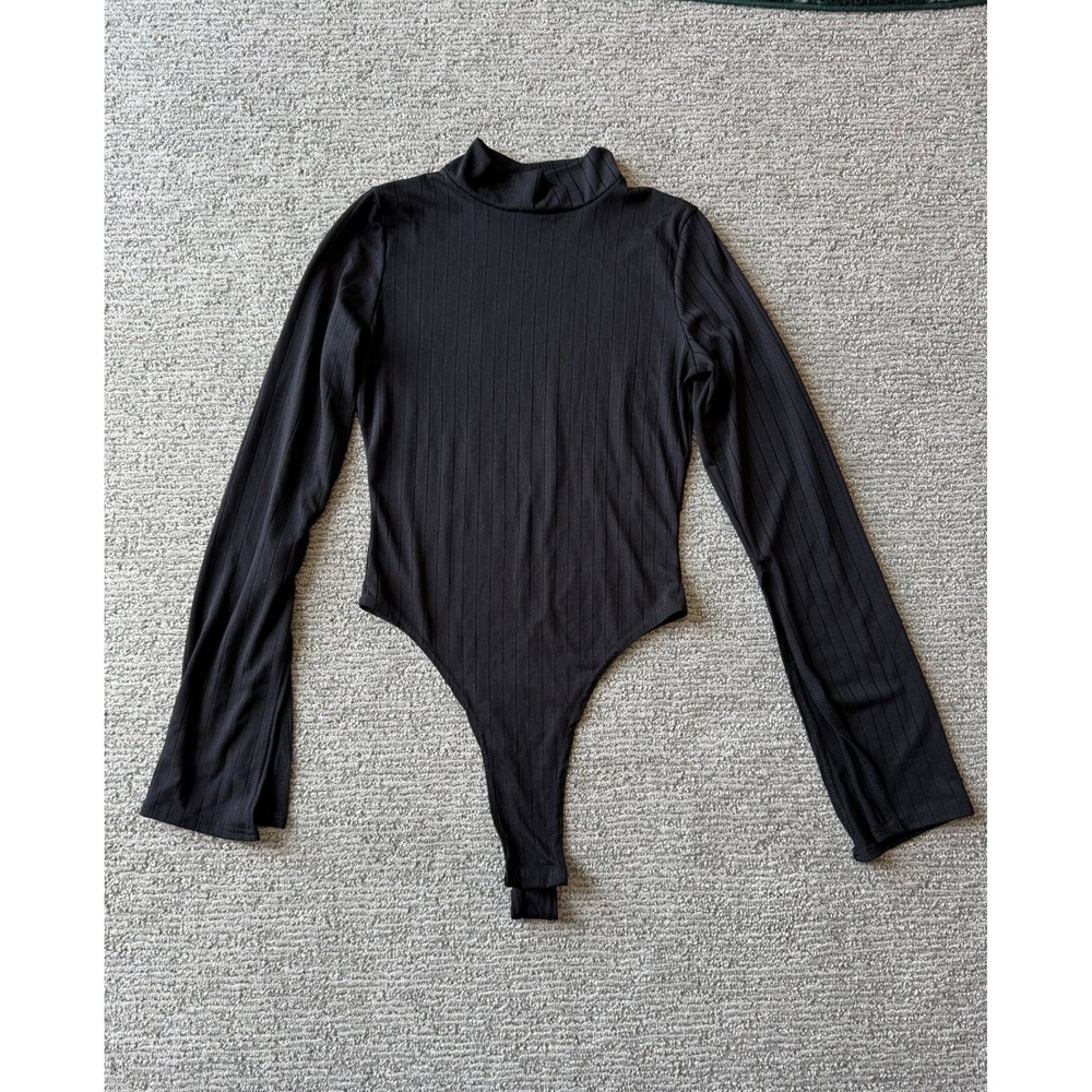 Nasty Gal Collection Black Ribbed Halter Long Sleeve Bodysuit Split Cuff US 4